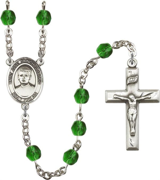 6mm Fire Polished Silver Plate St. Jose Luis Sanchez del Rio Rosary, Emerald, # 66104