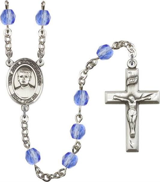 6mm Fire Polished Silver Plate St. Jose Luis Sanchez del Rio Rosary, Sapphire, # 66107
