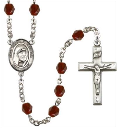 6mm Fire Polished Silver Plate St. Teresa of Calcutta Rosary, Garnet, # 66109