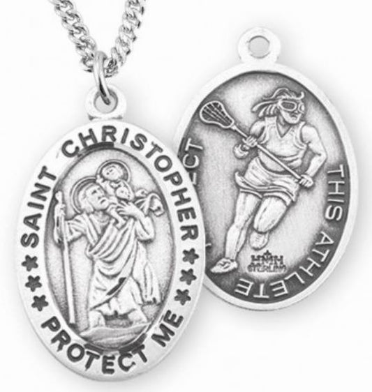 Female Lacrosse / St. Christopher Medal in Sterling Silver, 7/8", Your Choice of Chain, # 6610