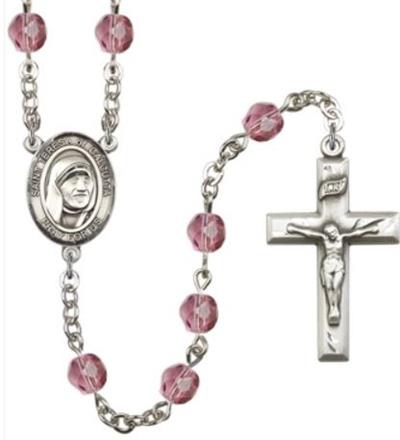 6mm Fire Polished Silver Plate St. Teresa of Calcutta Rosary, Amethyst, # 66110