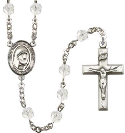 6mm Fire Polished Silver Plate St. Teresa of Calcutta Rosary, Crystal, # 66112