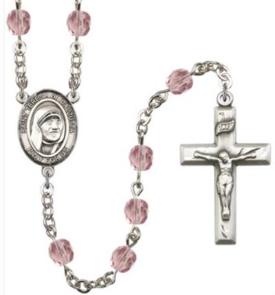 6mm Fire Polished Silver Plate St. Teresa of Calcutta Rosary, Light Amethyst, # 66114