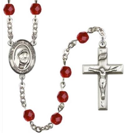 6mm Fire Polished Silver Plate St. Teresa of Calcutta Rosary, Ruby, # 66115