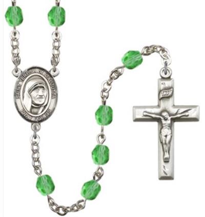 6mm Fire Polished Silver Plate St. Teresa of Calcutta Rosary, Peridot, # 66116