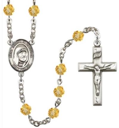 6mm Fire Polished Silver Plate St. Teresa of Calcutta Rosary, Topaz, # 66119