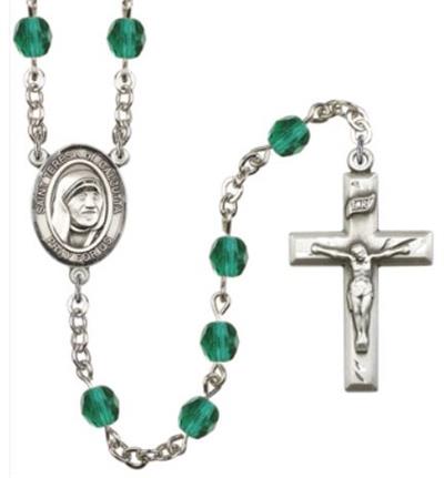 6mm Fire Polished Silver Plate St. Teresa of Calcutta Rosary, Zircon, # 66120