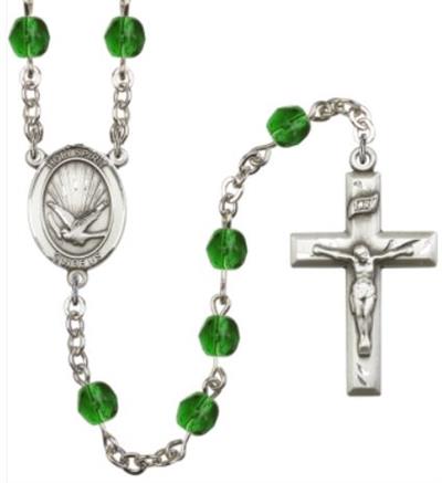 6mm Fire Polished Silver Plate Holy Spirit Rosary, Emerald, # 66132