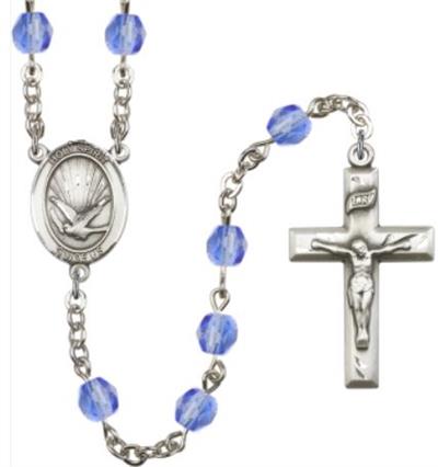 6mm Fire Polished Silver Plate Holy Spirit Rosary, Sapphire, # 66136