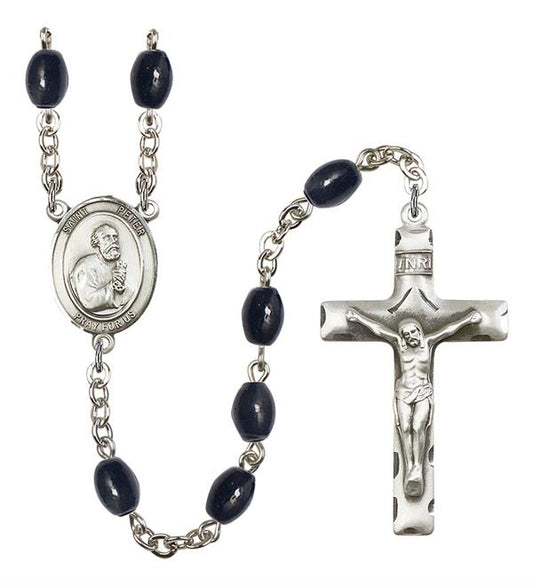 St. Peter the Apostle Rosary, 8x6mm Black Onyx Beads, Silver Plate, # 66162