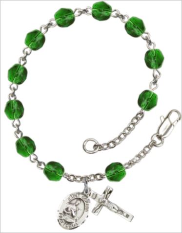 6mm Fire Polished Silver Plate Rosary Bracelet, Emerald, St. Gerard, # 66174