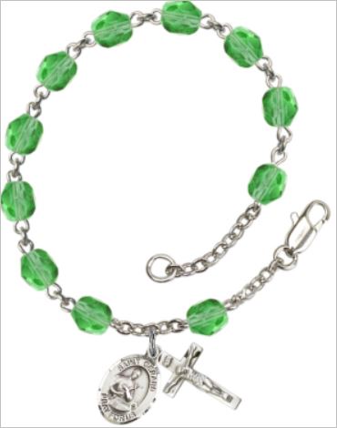 6mm Fire Polished Silver Plate Rosary Bracelet, Peridot, St. Gerard, # 66177