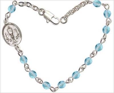 4mm Fire Polished Rosary Bracelet, 6.25", Chalice Charm, Aqua, # 66182