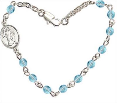 4mm Fire Polished Rosary Bracelet, 6.25", Guardian Angel Charm, Aqua, # 66185