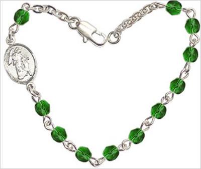 4mm Fire Polished Rosary Bracelet, 7.25", Guardian Angel Charm, Emerald, # 66217