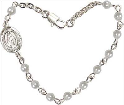 4mm Glass Pearl Rosary Bracelet, 6.25", Miraculous Charm, # 66231