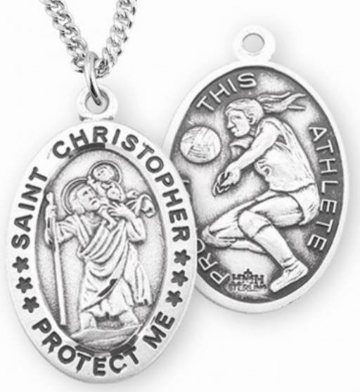 Female Volleyball / St. Christopher Medal in Sterling Silver, 7/8", Your Choice of Chain, # 6630