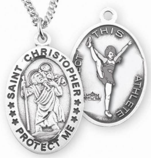 Female Cheer / St. Christopher Medal in Sterling Silver, 7/8", Your Choice of Chain, # 6633