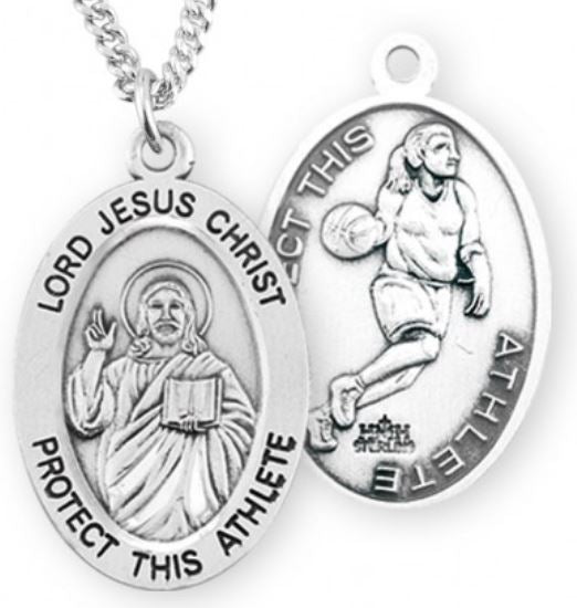 Female Basketball / Christ Medal in Sterling Silver, 7/8", Your Choice of Chain, # 6637