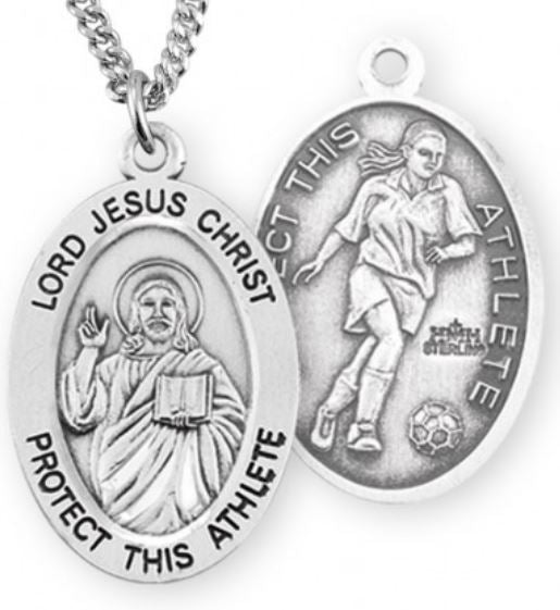 Female Soccer / Christ Medal in Sterling Silver, 7/8", Your Choice of Chain, # 6638
