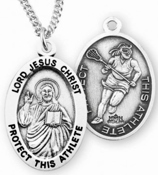 Female Lacrosse / Christ Medal in Sterling Silver, 7/8", Your Choice of Chain, # 6642