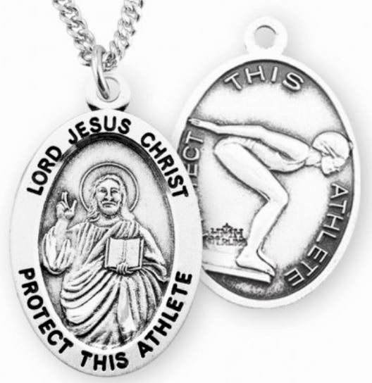 Female Swimming / Christ Medal in Sterling Silver, 7/8", Your Choice of Chain, # 6644