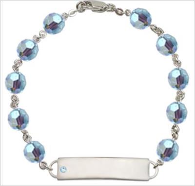 100% Sterling 8mm Birthstone Rosary Bracelet w/ ID Tag, Aqua, # 66549