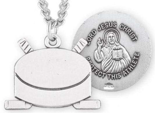 Hockey / Christ Medal in Sterling Silver, 11/16", Your Choice of Chain, # 6655