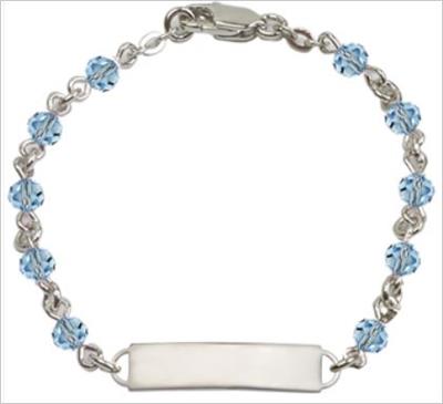 100% Sterling 4mm Birthstone Rosary Bracelet w/ ID Tag, Aqua, # 66561