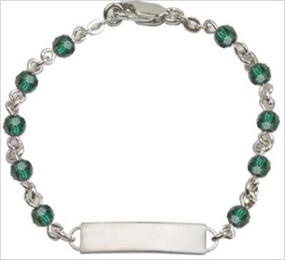 100% Sterling 4mm Birthstone Rosary Bracelet w/ ID Tag, Emerald, # 66563