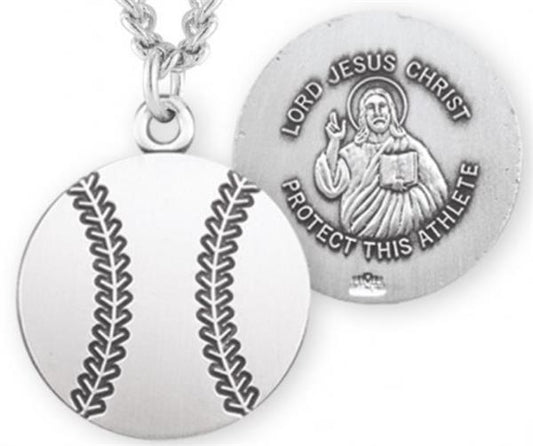 Baseball / Christ Medal in Sterling Silver, 11/16", Your Choice of Chain, # 6657