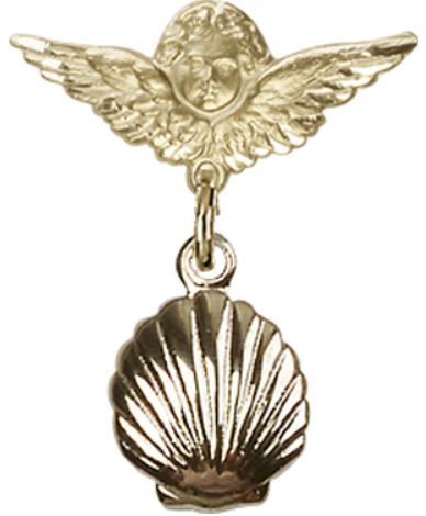 Small Angel Baby Pin with Shell, Solid 14kt Gold, # 66612