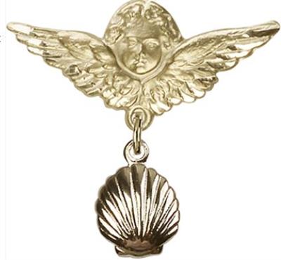 Large Angel Baby Pin with Shell, Solid 14kt Gold, # 66614