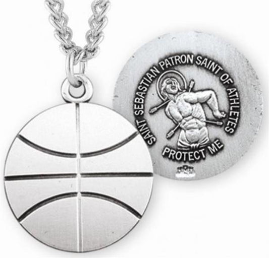 Basketball / St. Sebastian Medal in Sterling Silver, 11/16", Your Choice of Chain, # 6661