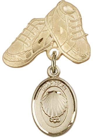 Baby Boots Baby Pin with Shell Medal, 14kt Gold Filled, # 66628