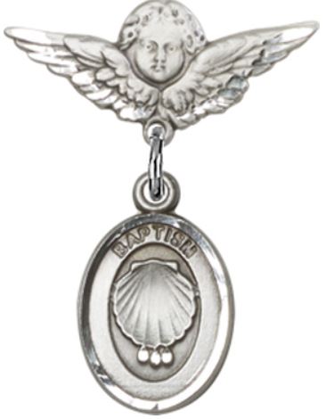 Small Angel Baby Pin with Shell Medal, Sterling Silver, # 66630