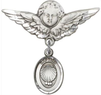 Large Angel Baby Pin with Shell Medal, Sterling Silver, # 66633