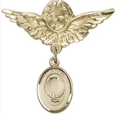 Large Angel Baby Pin with Shell Medal, Solid 14kt Gold, # 66635