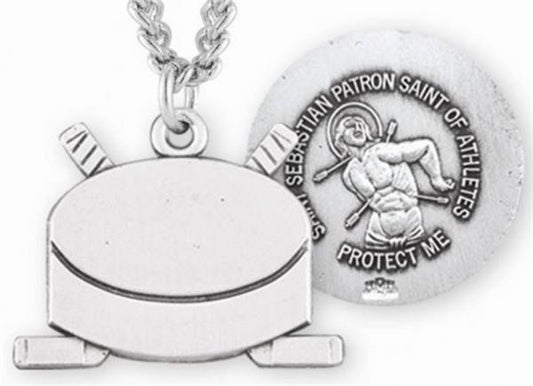Hockey / St. Sebastian Medal in Sterling Silver, 11/16", Your Choice of Chain, # 6663