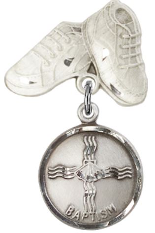 Baby Boots Baby Pin with Baptism Medal, Sterling Silver, # 66648