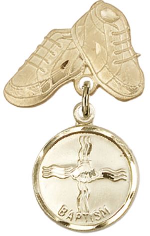 Baby Boots Baby Pin with Baptism Medal, Solid 14kt Gold, # 66650