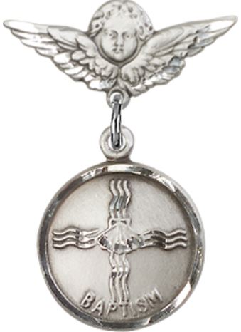 Small Angel Baby Pin with Baptism Medal, Sterling Silver, # 66651