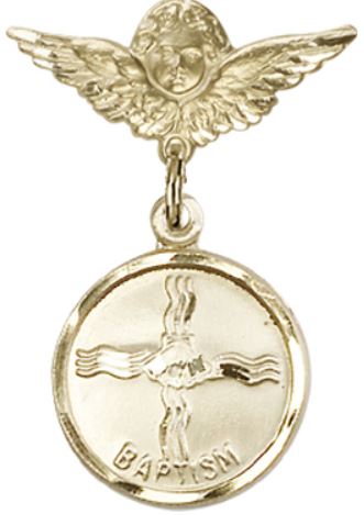Small Angel Baby Pin with Baptism Medal, Solid 14kt Gold, # 66653