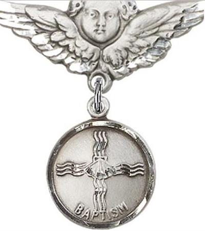 Large Angel Baby Pin with Baptism Medal, Sterling Silver, # 66654
