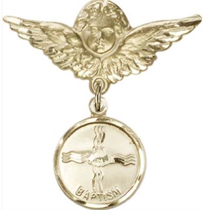 Large Angel Baby Pin with Baptism Medal, 14kt Gold Filled, # 66655