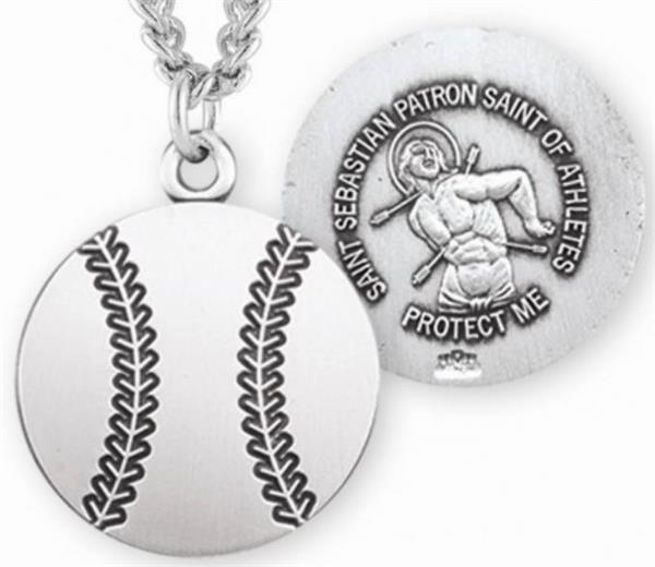 Baseball / St. Sebastian Medal in Sterling Silver, 11/16", Your Choice of Chain, # 6665