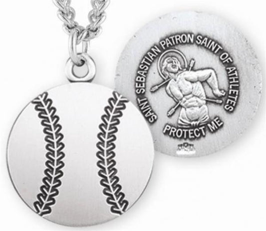 Baseball / St. Sebastian Medal in Sterling Silver, 11/16", Your Choice of Chain, # 6665