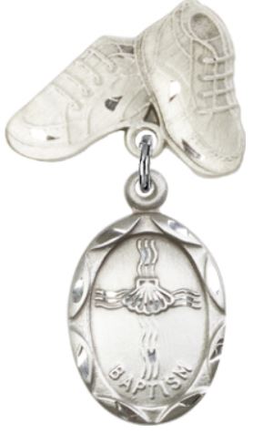Baby Boots Baby Pin with Baptism Medal, Sterling Silver, # 66669