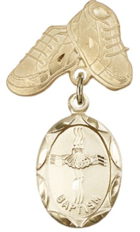Baby Boots Baby Pin with Baptism Medal, Solid 14kt Gold, # 66671