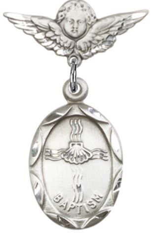 Small Angel Baby Pin with Baptism Medal, Sterling Silver, # 66672